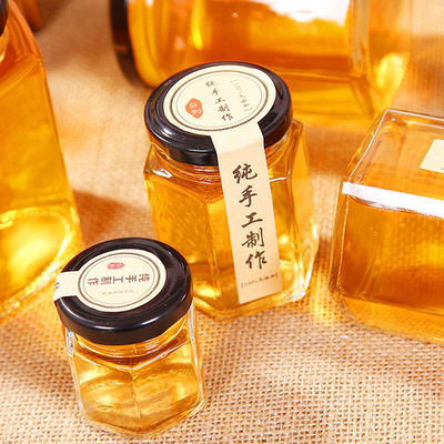 Hexagon Şeffaf Cam Depolama Şişesi 100ml 500ml Bal Kremesi İçin Metal Kapaklı