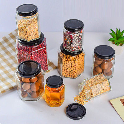 Hexagon Şeffaf Cam Depolama Şişesi 100ml 500ml Bal Kremesi İçin Metal Kapaklı