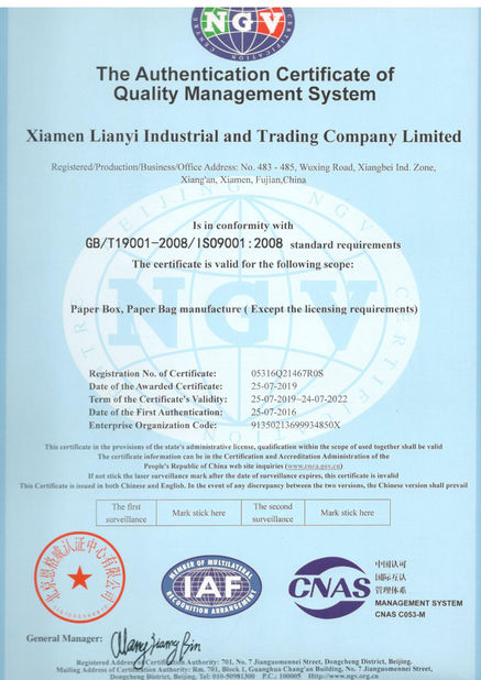 Çin Lianyi International industrial and trading co.,Ltd Sertifikalar