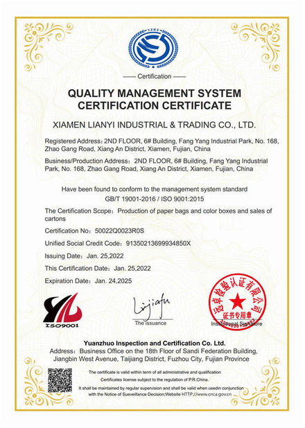 Çin Lianyi International industrial and trading co.,Ltd Sertifikalar